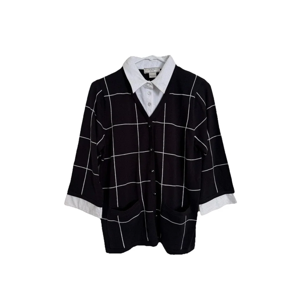 Allison Daley Cardigan Sweater Check Black White Layered Collared Small Petite‎